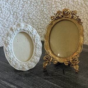 Set Of 2 Vintage Lenox Oval Mini Photo Frame Porcelain & Gold Tone Floral Frame